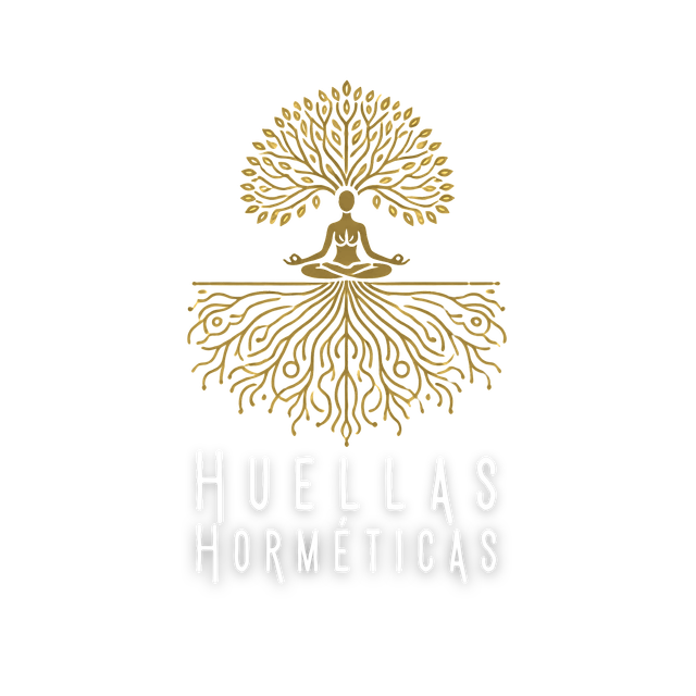 Logotipo de Huellas Horméticas: un árbol con raíces y una figura meditando