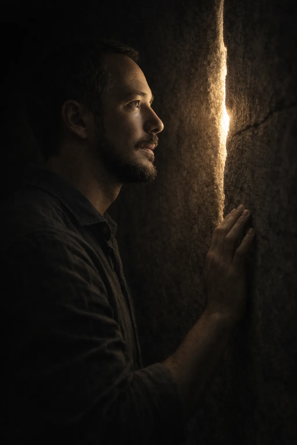 Miguel de perfil en la penumbra, frente a una grieta de luz cálida entre dos rocas